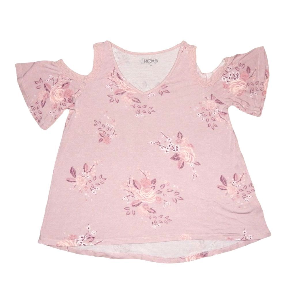 Mudd Women's XS Dusty Rose Floral Cold Shoulder Hi-Low Blouse Boho V-Neck Top